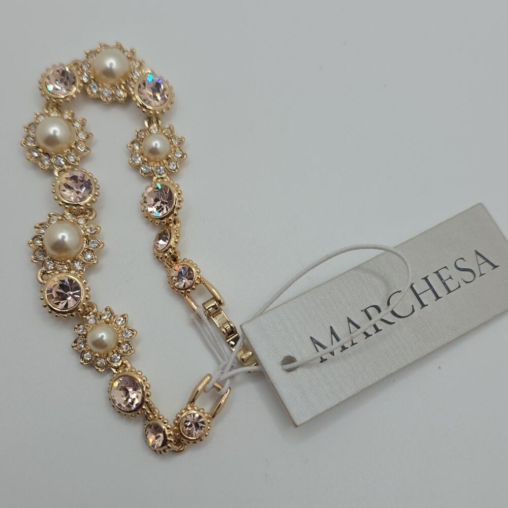 Marchesa Gold Cream Beaded Charm Flex Bracelet Pearl Crystal Cluster Flower